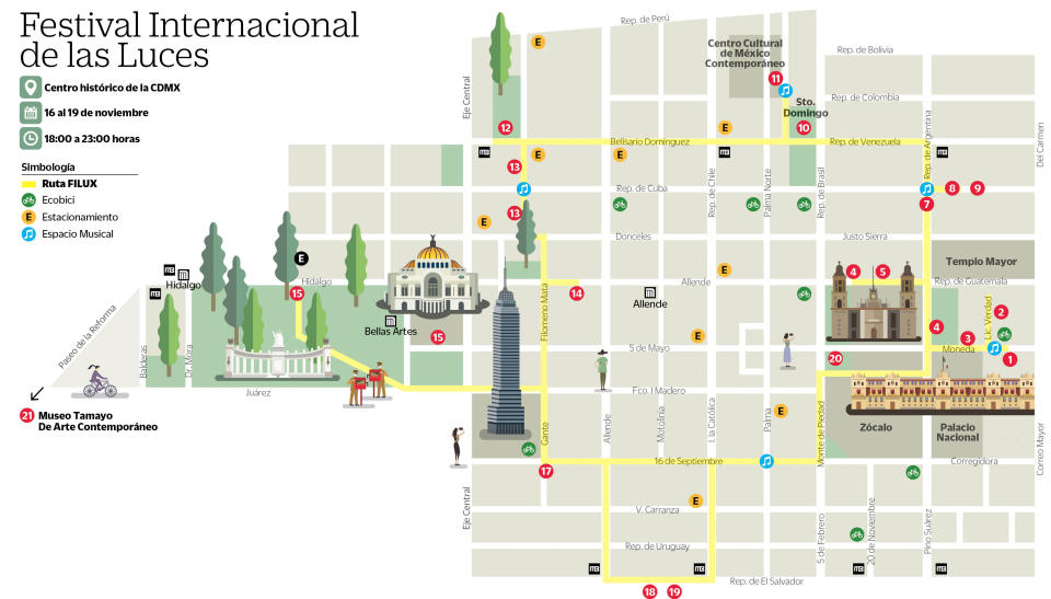 <p>CIUDAD DE MÉXICO, noviembre 11 (EL UNIVERSAL).- Arte, luz y colores inundarán las calles del Centro Histórico de la Ciudad de México, con la edición 2017 del Festival Internacional de las Luces (FILUX), el cual tendrá lugar del 16 al 19 de noviembre. En imagen, infografía de las diversas atracciones que se presentarán. Infografía: Agencia EL UNIVERSAL </p>