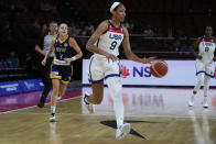 United States' A'ja Wilson runs to shoot during their game at the women's Basketball World Cup against Bosnia and Herzegovina in Sydney, Australia, Tuesday, Sept. 27, 2022. (AP Photo/Mark Baker)