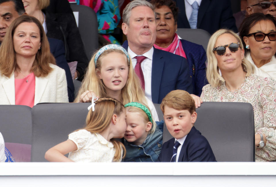 Victoria Starmer, Savannah Phillips, Keir Starmer, Zara Tindall (front row) Princess Charlotte of Cambridge, Mia Tindall and Prince George of Cambridge during the Platinum Pageant on June 05, 2022 in London, England. The Platinum Jubilee of Elizabeth II is being celebrated from June 2 to June 5, 2022, in the UK and Commonwealth to mark the 70th anniversary of the accession of Queen Elizabeth II on 6 February 1952.  (Photo by Chris Jackson - WPA Pool/Getty Images)