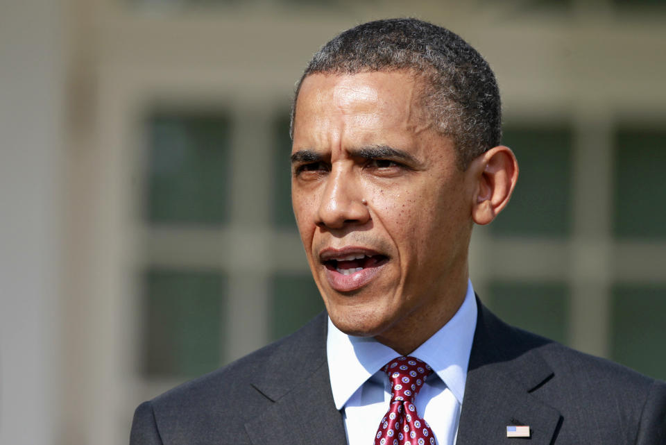 FILE - President Barack Obama answers a reporter's question about the death of Trayvon Martin, March 23, 2012, in the Rose Garden of the White House in Washington. Obama, the nation's first Black commander-in-chief, underscored public concerns over fairness in the case when he said, “If I had a son, he'd look like Trayvon.” (AP Photo/ Haraz N. Ghanbari, File)