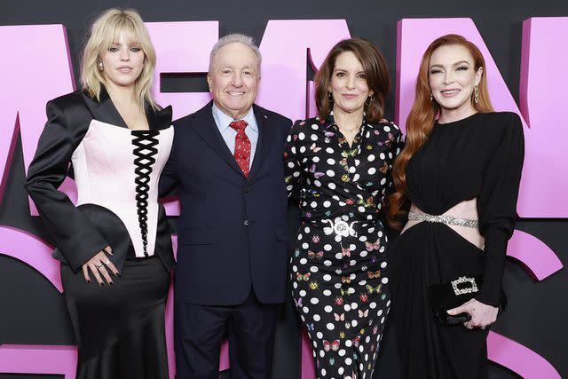 <p>Jason Mendez/Getty Images</p> Reneé Rapp, Lorne Michaels, Tina Fey and Lindsay Lohan at the premiere of 'Mean Girls' in New York City on Jan 8, 2024