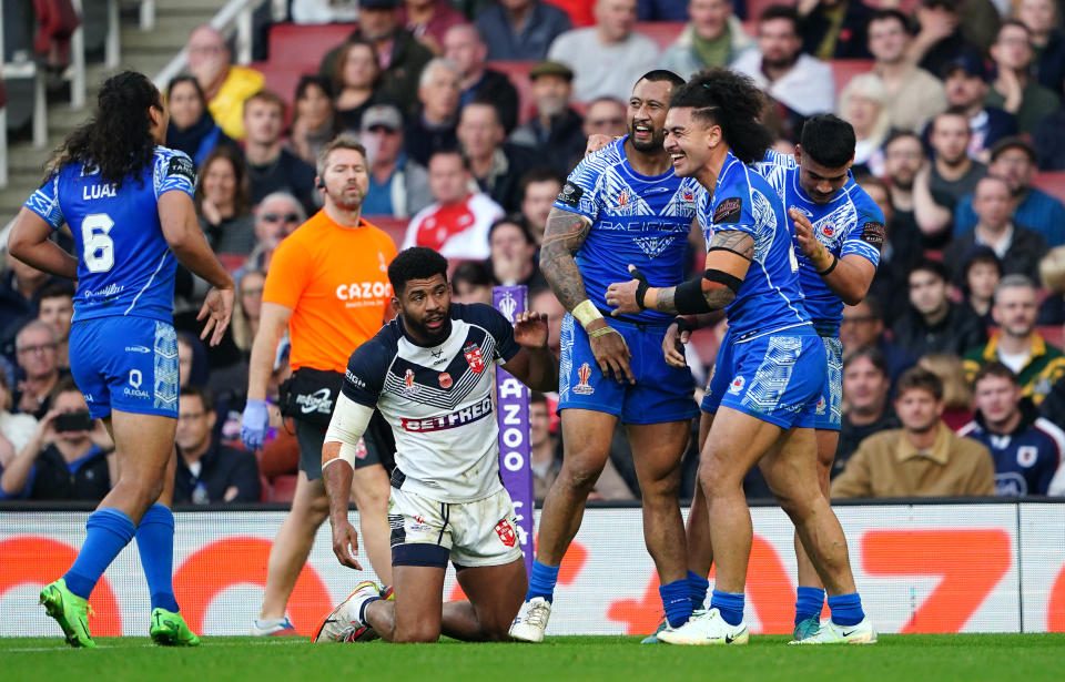 Seen here, Samoa's Ligi Sao celebrates scoring a try against England in the Rugby League World Cup semi-final. 