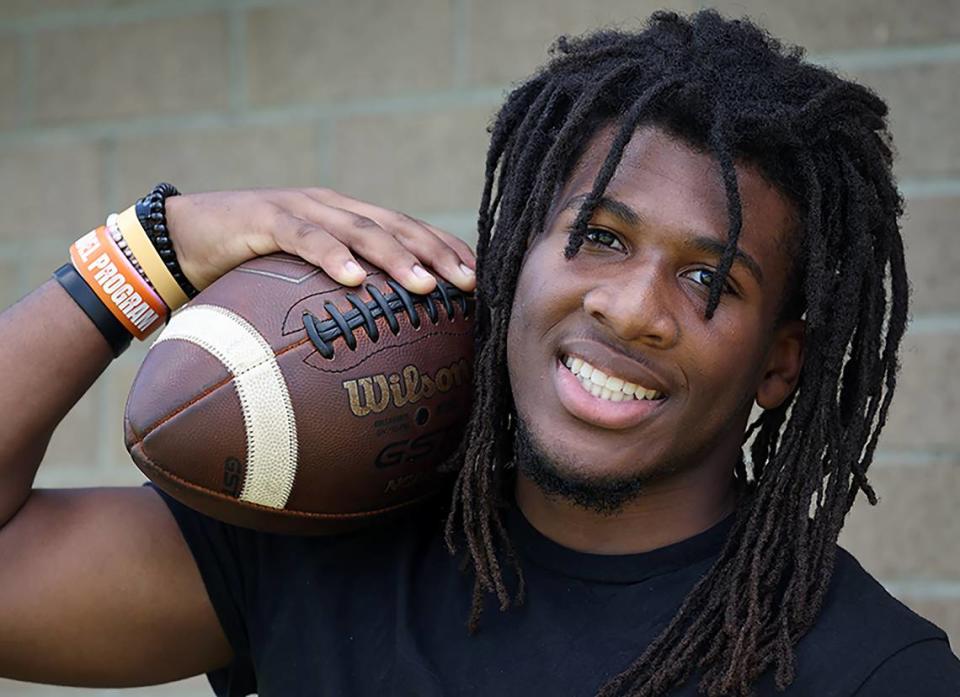 East Lincoln Mustangs running back Chris Daley at East Lincoln High School in Denver, NC on Monday, July 31, 2023. High school football practices officially began on Monday. East Lincoln was an unbeaten state champion last season and is expected to challenge for another title this season.