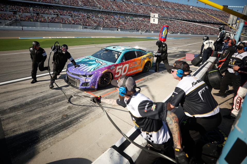 DAYTONA BEACH, FLORIDA - FEBRUARY 20: Kaz Grala, driver of the #50 Pit Viper Sunglasses Chevrolet, pits during the NASCAR Cup Series 64th Annual Daytona 500 at Daytona International Speedway on February 20, 2022 in Daytona Beach, Florida. (Photo by Chris Graythen/Getty Images)