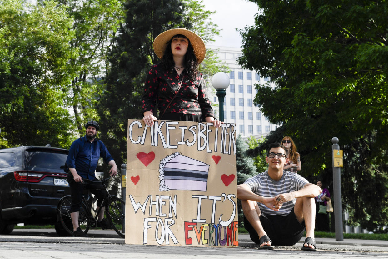 A rally in support of David Mullins and Charlie Craig after the Supreme Court ruled in favor of baker Jack Phillips, who refused to make a wedding cake for the same-sex couple in 2012. (Photo: Aaron Ontiveroz/The Denver Post via Getty Images)