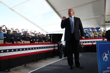 U.S. President Donald Trump arrives to address workers at Cameron LNG (Liquid Natural Gas) Export Facility in Hackberry, Louisiana, U.S., May 14, 2019. REUTERS/Leah Millis