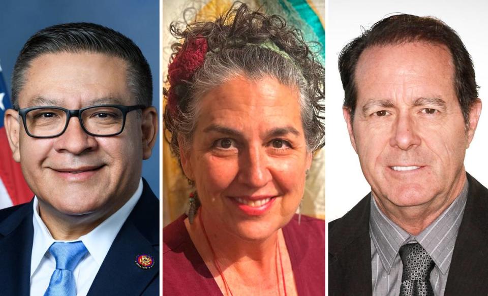 In District 24, Democrat incumbent Salud Carbajal., left, is being challenged by public school teacher Helena Pasquarella, a Democrat, and campaign data analyst Thomas Cole, a Republican.
