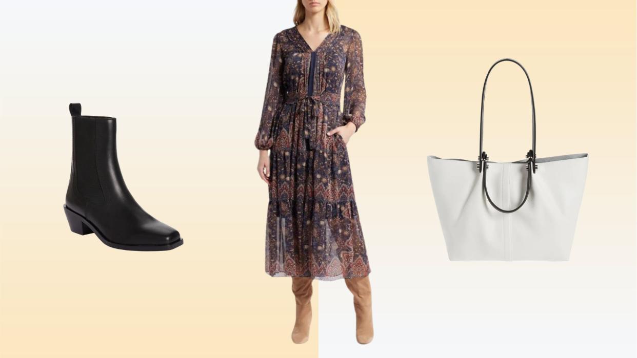 Boots, dress, tote bag