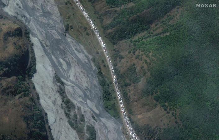 A satellite image of a traffic jam along a highway near the Russian-Georgian border. 