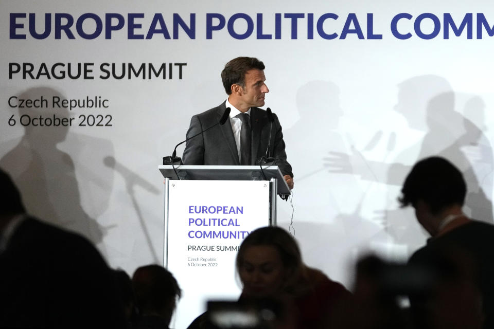 French President Emmanuel Macron attends a media conference after a meeting of the European Political Community at Prague Castle in Prague, Czech Republic, Thursday, Oct 6, 2022. The leaders of 44 European countries stretching from Iceland all the way to Turkey met Thursday in what many said was a united stand against Russia's war on Ukraine, as an energy crisis and high inflation fueled by the conflict wreak havoc on their economies. (AP Photo/Petr David Josek)