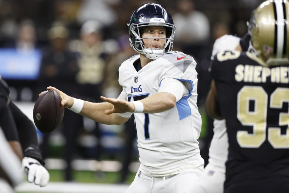 Tennessee Titans quarterback Ryan Tannehill throws a pass against the New Orleans Saints in the first half of an NFL football game in New Orleans, Sunday, Sept. 10, 2023. (AP Photo/Butch Dill)