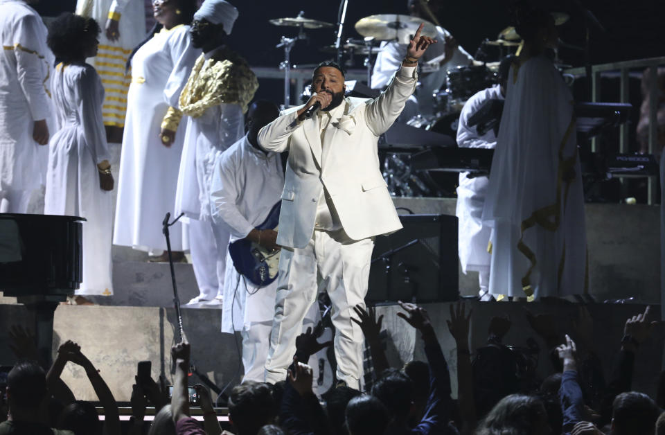 DJ Khaled performs during a tribute in honor of the late Nipsey Hussle at the 62nd annual Grammy Awards on Sunday, Jan. 26, 2020, in Los Angeles. (Photo by Matt Sayles/Invision/AP)