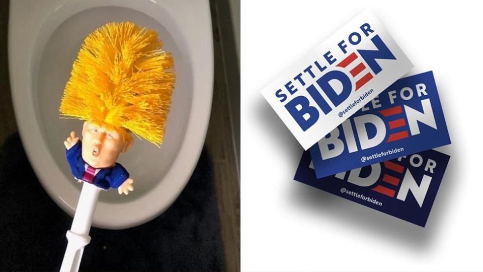 Puedes comprar una escobilla de baño de Donald Trump o una calcomanía que diga 'Conformes con Biden', si prefieres algo un poco más salvaje. Fuente "Wish / Settle for Biden