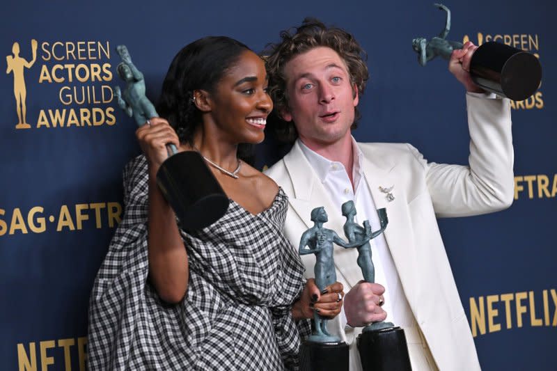 Ayo Edebiri and Jeremy Allen White appear backstage after winning the award for Outstanding Performance by a Female and Male Actor in a Comedy Series and Outstanding Performance by an Ensemble in a Comedy Series awards for '"The Bear" during the SAG Awards on Saturday. File Photo by Chris Chew/UPI