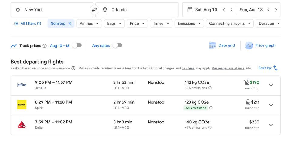 Screenshot of Google Flights showing Spirit and Delta fares from LaGuardia to Orlando in mid-August.