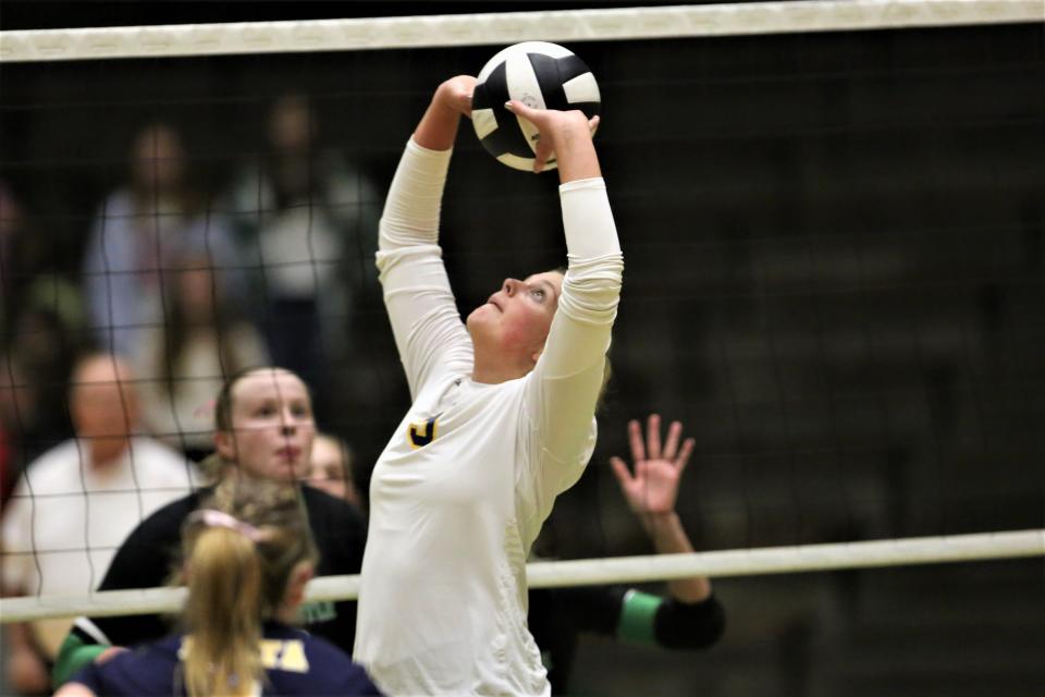 Delta volleyball's Addie Phillippe in the team's sectional first round match against New Castle at New Castle High School on Thursday, Oct. 13, 2022.