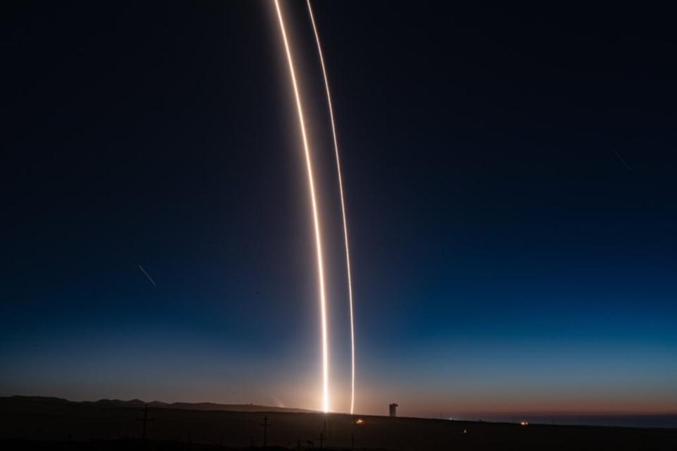 This SpaceX image shows the successful launch (and landing) of the company's Falcon 9 rocket from California's Vandenberg Air Force Base to orbit Argentina's SAOCOM-1A Earth-observation satellite. It was SpaceX's first mission to land a Falcon 9 booster on a pad at Vandenberg. <cite>Elon Musk/SpaceX</cite>