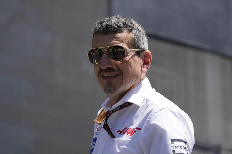 CORRECTS NAME -- Haas team principal Guenther Steine arrives for the practice session for the Formula One Grand Prix it in Jiddah, Saudi Arabia, Saturday, March 26, 2022. (AP Photo/Hassan Ammar)