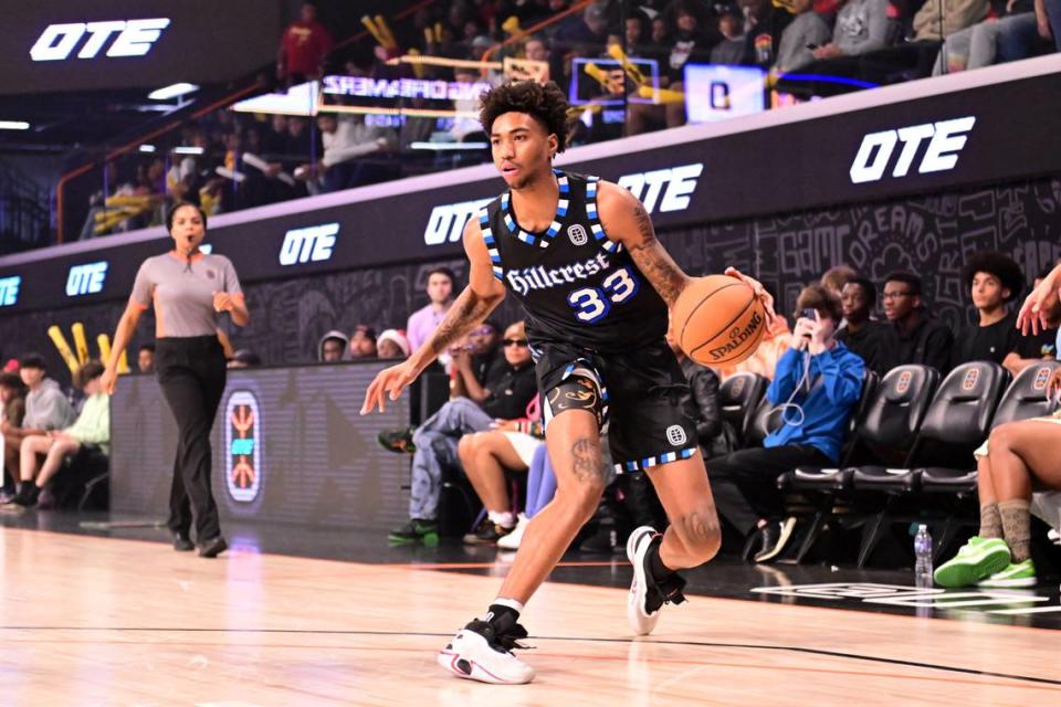 Jordan Burks of the Hillcrest Prep Bruins handles the ball during an Overtime Elite game on Friday, December 9th, 2022 at OTE Arena in Atlanta, Georgia. Burks committed to Kentucky on Monday morning.