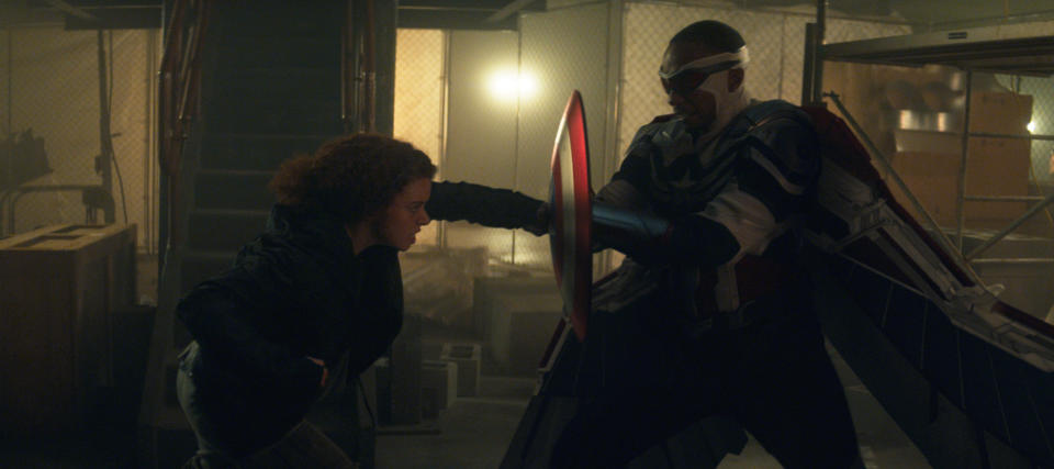 (L-R): Karli Morgenthau (Erin Kellyman) and Falcon/Sam Wilson (Anthony Mackie) in Falcon and the Winter Soldier (Marvel Studios)