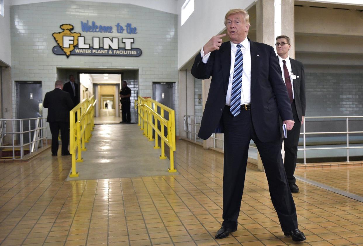 Republican presidential nominee Donald Trump speaks following a tour of the Flint water plant on September 14, 2016 in Flint, Michigan: MANDEL NGAN/AFP/Getty Images