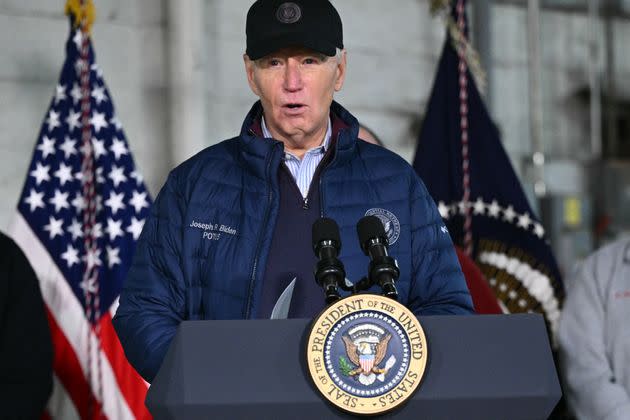 President Joe Biden speaks after receiving an operational briefing from officials on the continuing response and recovery efforts at the site of last year's train derailment in East Palestine, Ohio.