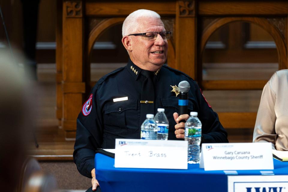 Winnebago County Sheriff Gary Caruana speaks during a panel discussion about immigration sponsored by the League of Women Voters on Saturday March 11, 2024, at the First Presbyterian Church of Rockford.