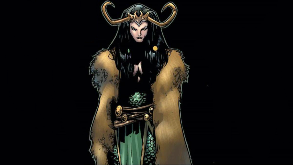 lady loki stands against a black background looking cool