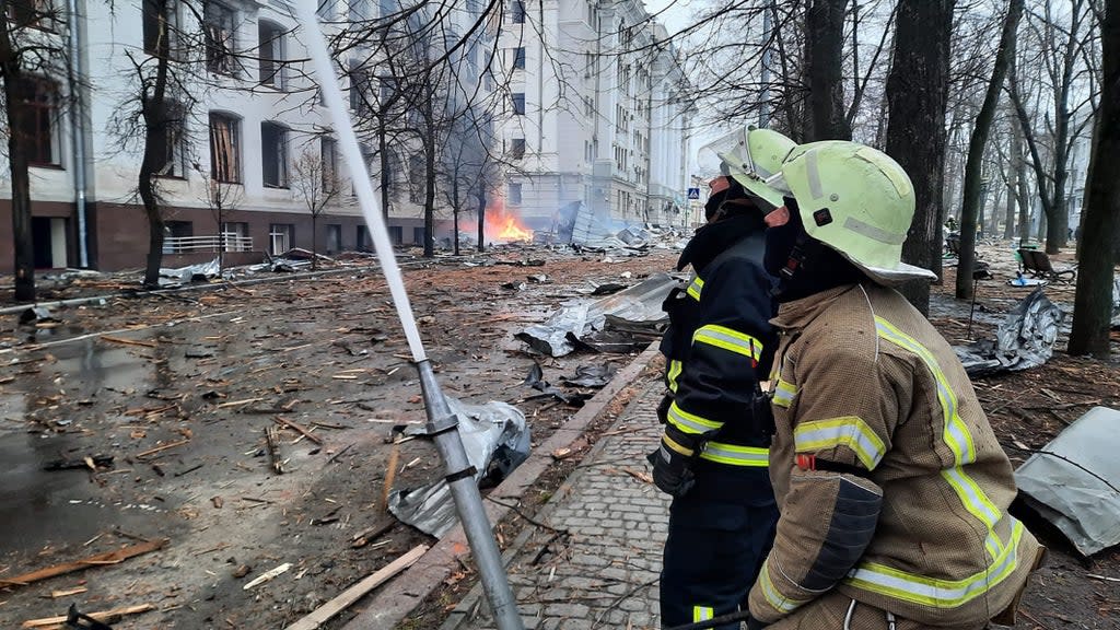 Firefighters tackling a blaze at a Kharkiv University faculty building caused by a Russian missile strike, according to the State Emergency Service of Ukraine (PA Media)