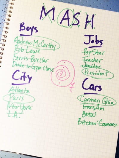 A piece of paper showing a game of MASH.