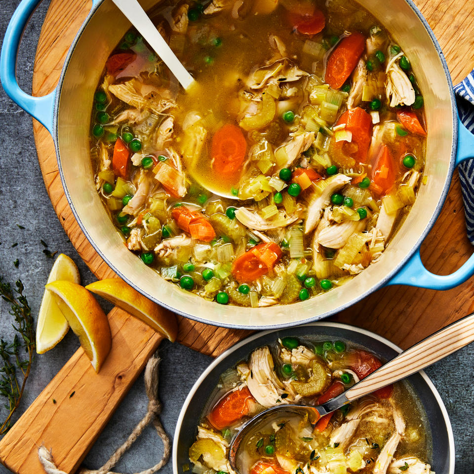 <p>Got leftover turkey? Use it in this turkey vegetable soup for a satisfying main dish that's full of bright flavors thanks to the use of lemon juice and lemon zest.</p> <p> <a href="https://www.eatingwell.com/recipe/7921962/one-pot-turkey-vegetable-soup/" rel="nofollow noopener" target="_blank" data-ylk="slk:View Recipe;elm:context_link;itc:0;sec:content-canvas" class="link ">View Recipe</a></p>