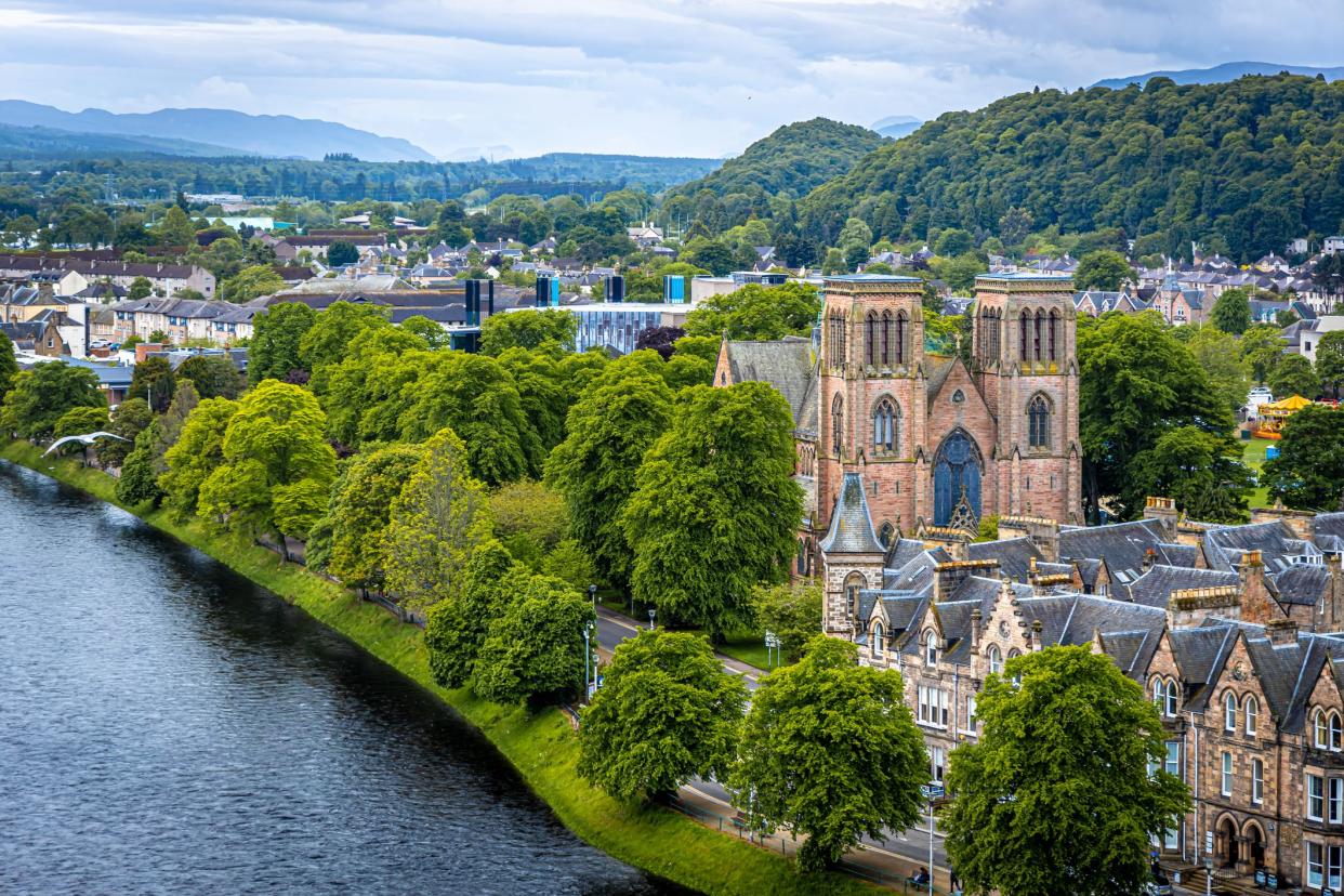 View of Inverness, a city on Scotland's northeast coast, where the River Ness meets the Moray Firth. It's the largest city and the cultural capital of the Scottish Highlands, UK