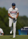 Jordan Spieth reacts to his drive on the 17th hole during the third round of the BMW Championship golf tournament at Wilmington Country Club, Saturday, Aug. 20, 2022, in Wilmington, Del. (AP Photo/Julio Cortez)