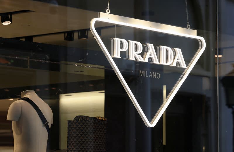 The logo of Prada is seen in a shop in Paris