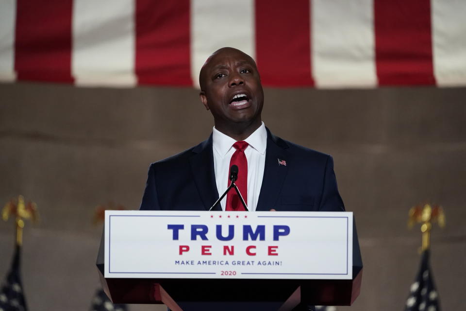 Sen. Tim Scott, R-S.C., speaks during the Republican National Convention from the Andrew W. Mellon Auditorium in Washington, Monday, Aug. 24, 2020. (AP Photo/Susan Walsh)