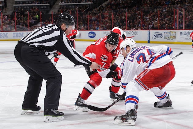 OTTAWA, ON – APRIL 8: Kyle Turris #7 of the Ottawa Senators prepares for a faceoff against Oscar Lindberg #24 of the New York Rangers at Canadian Tire Centre on April 8, 2017 in Ottawa, Ontario, Canada. (Photo by Jana Chytilova/Freestyle Photography/Getty Images)