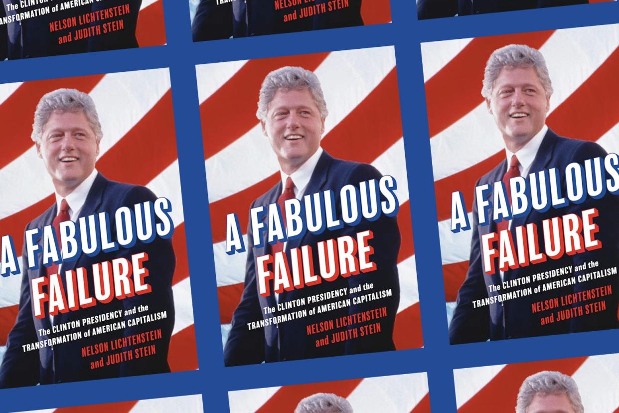 Repeating covers of A Fabulous Failure, a new book about Bill Clinton. Bill Clinton, smiling and dressed in a suit, stands in front of a red-and-white background.