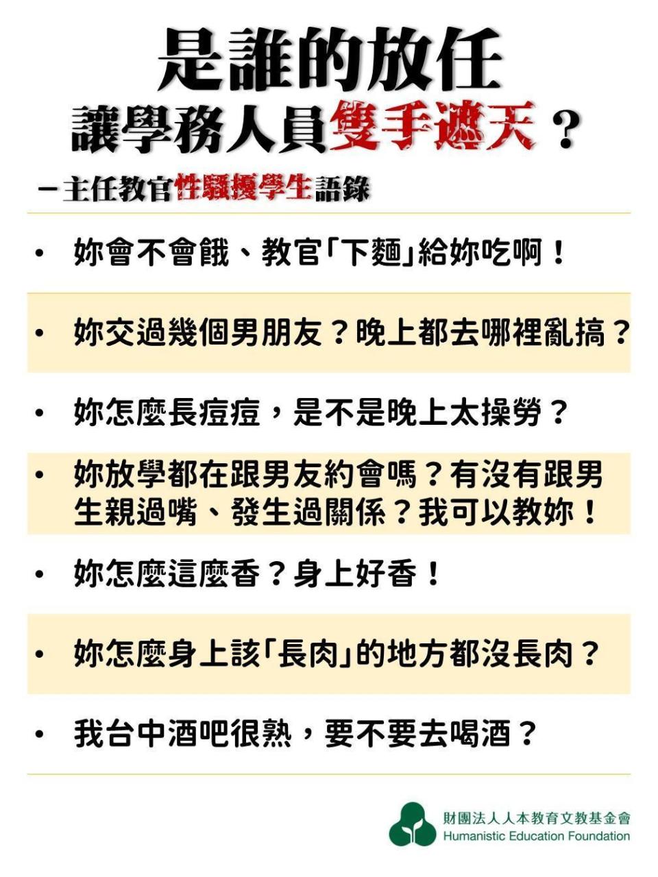 豐原高中主任教官遭控對Ａ生說出「下麵給妳吃」等言語性騷擾行為。（人本教育基金會提供）