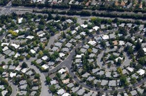 An aerial view of a residential neighborhood in Palo Alto, CA.