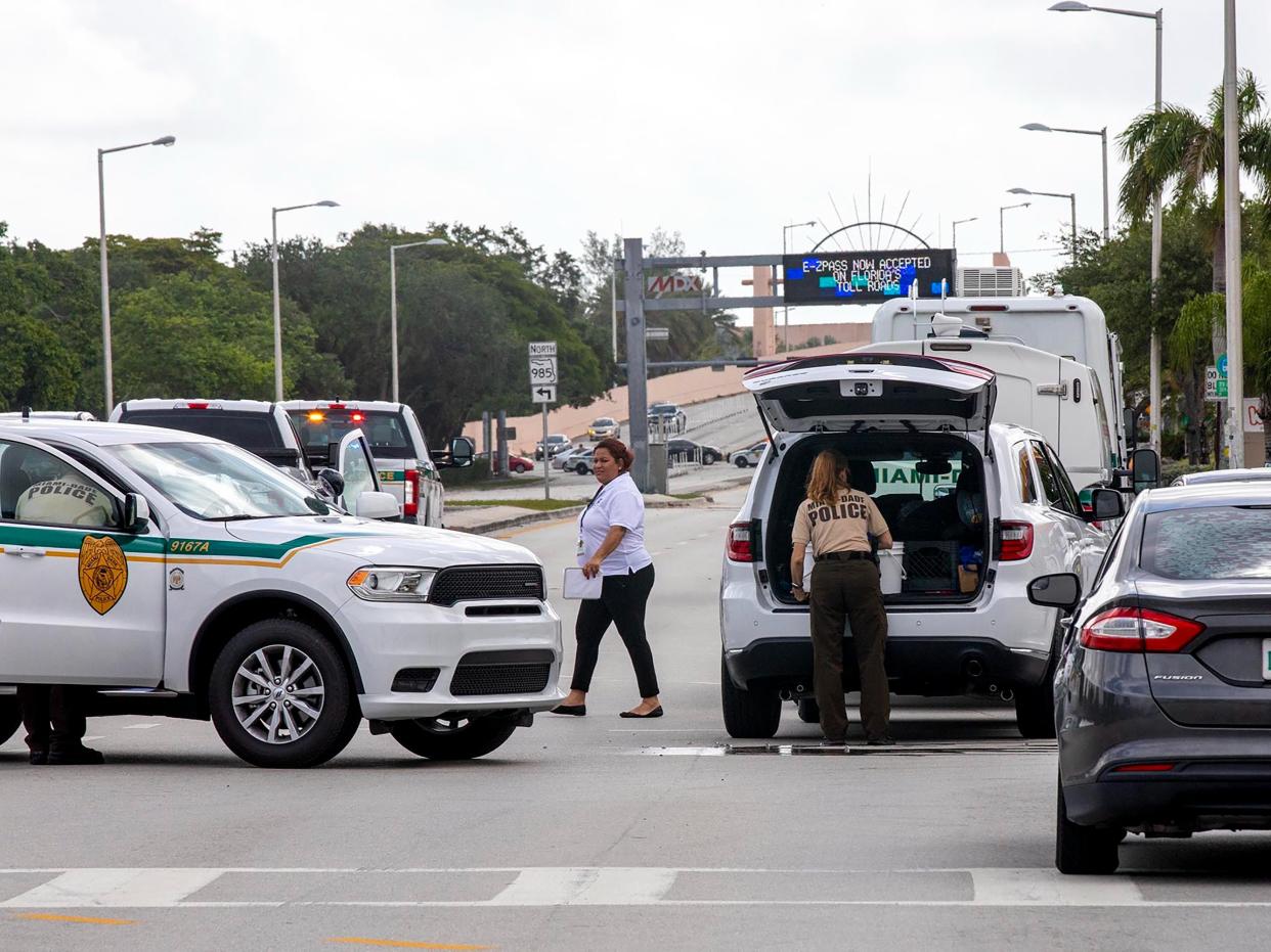 <p>Police block an intersection near the Miami-Dade Kendall Campus in Miami, Fla., on Sunday, June 6, 2021. </p> (AP)