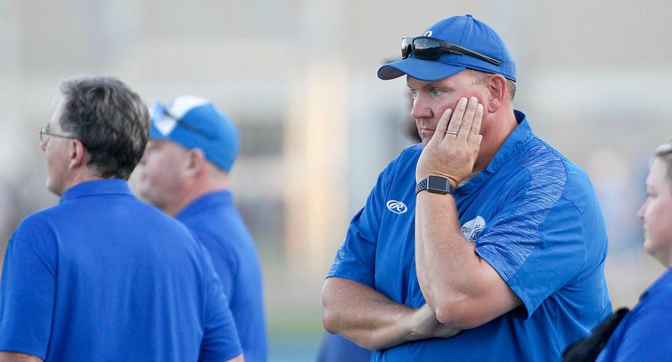 Braintree coach Brian Chamberlain looks on during a scrimmage on Friday, Sept. 3, 2021.