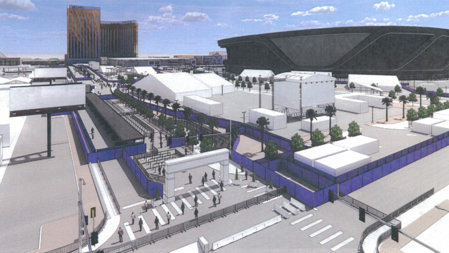 A rendering showing the security perimeter and hospitality activations around Allegiant Stadium. (NFL)