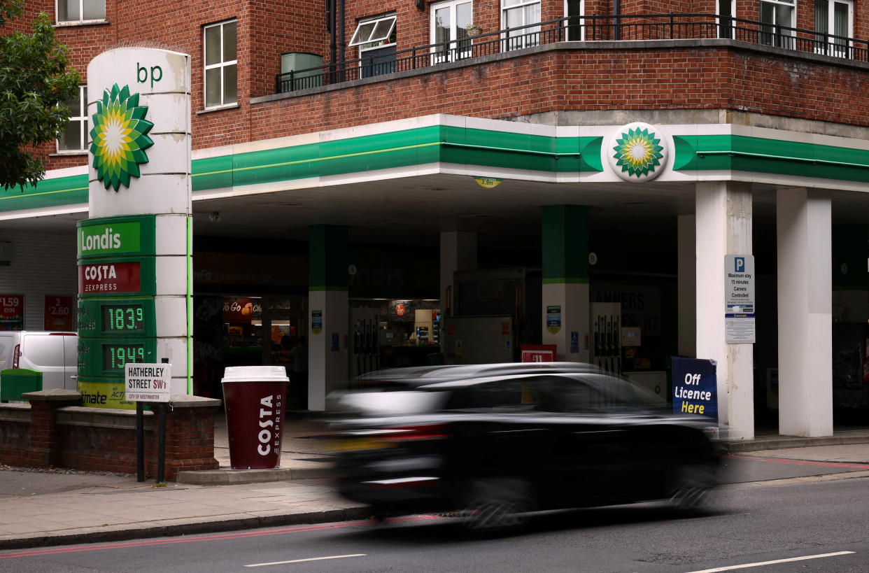 A car drives past a BP petrol station in central London, Britain, August 2, 2022. REUTERS/Henry Nicholls