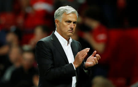 FILE PHOTO: Soccer Football - Premier League - Manchester United v Leicester City - Old Trafford, Manchester, Britain - August 10, 2018 Manchester United manager Jose Mourinho applauds fans after the match Action Images via Reuters/Andrew Boyers