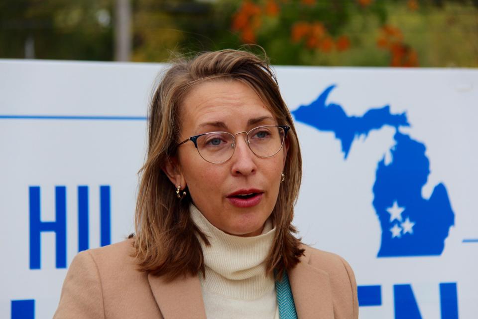 Hillary Scholten speaks with media during an event Thursday, Oct. 15, 2020, in Grand Rapids.