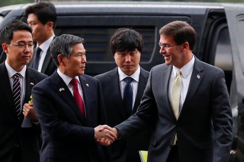 U.S. Secretary of Defense Mark Esper is greeted by South Korean Defense Minister Jeong Kyeong-doo at the Defense Ministry in Seoul