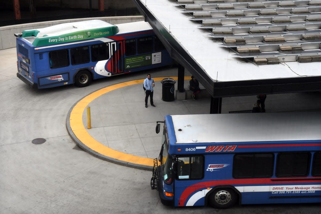 Buses at the WRTA Central Hub on Foster Street in a file photo.