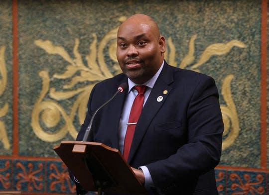 Michigan State Rep. Jason Hoskins, D-Southfield, speaks on the floor of the Michigan House of Representatives Feb. 14, 2024.