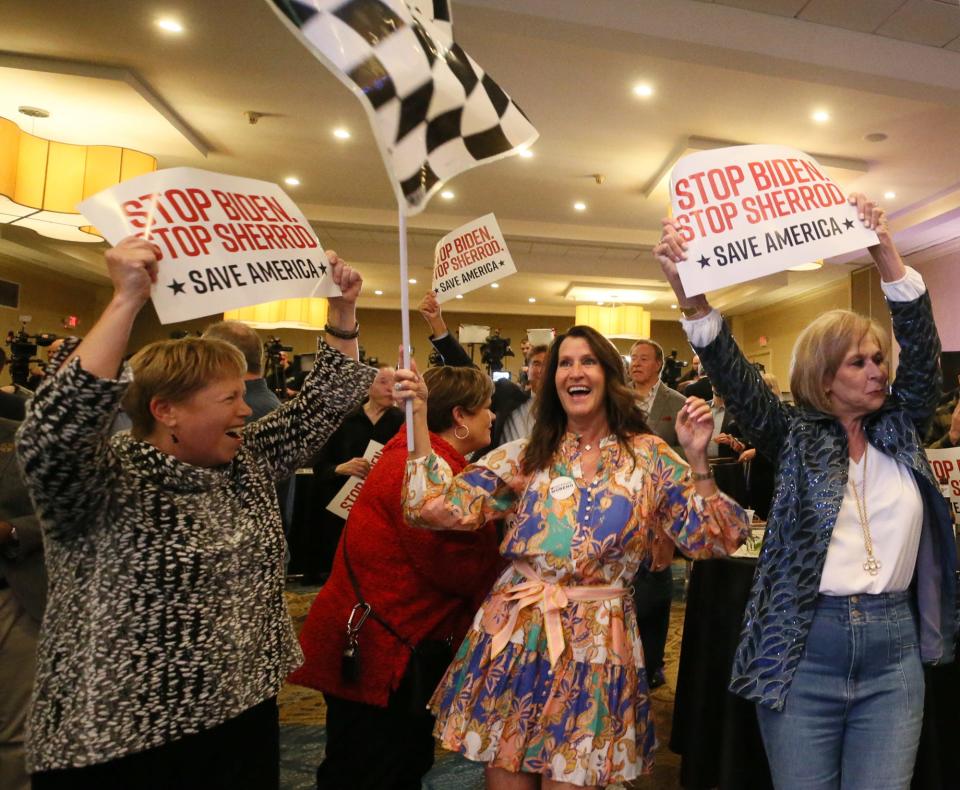 Supporters for Bernie Moreno, candidate for US Senator in Ohio, react to pool results at the Moreno watch party for the Republican Party primary at The Double Tree in Westlake, Ohio on Tuesday, March 19, 2024.