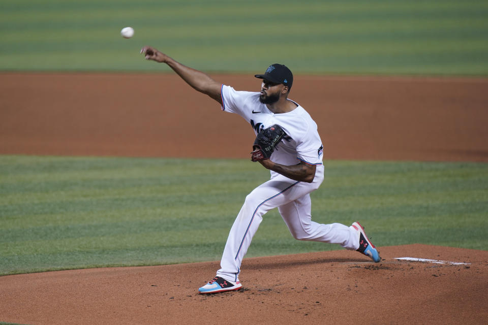 Miami Marlins' Sandy Alcantara pitches during the first inning of a baseball game against the Philadelphia Phillies, Tuesday, May 25, 2021, in Miami. (AP Photo/Wilfredo Lee)